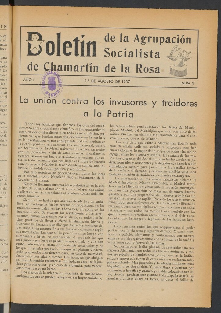 Miniatura de Boletín de la Agrupación Socialista de Chamartín de la Rosa del 1 de agosto de 1937