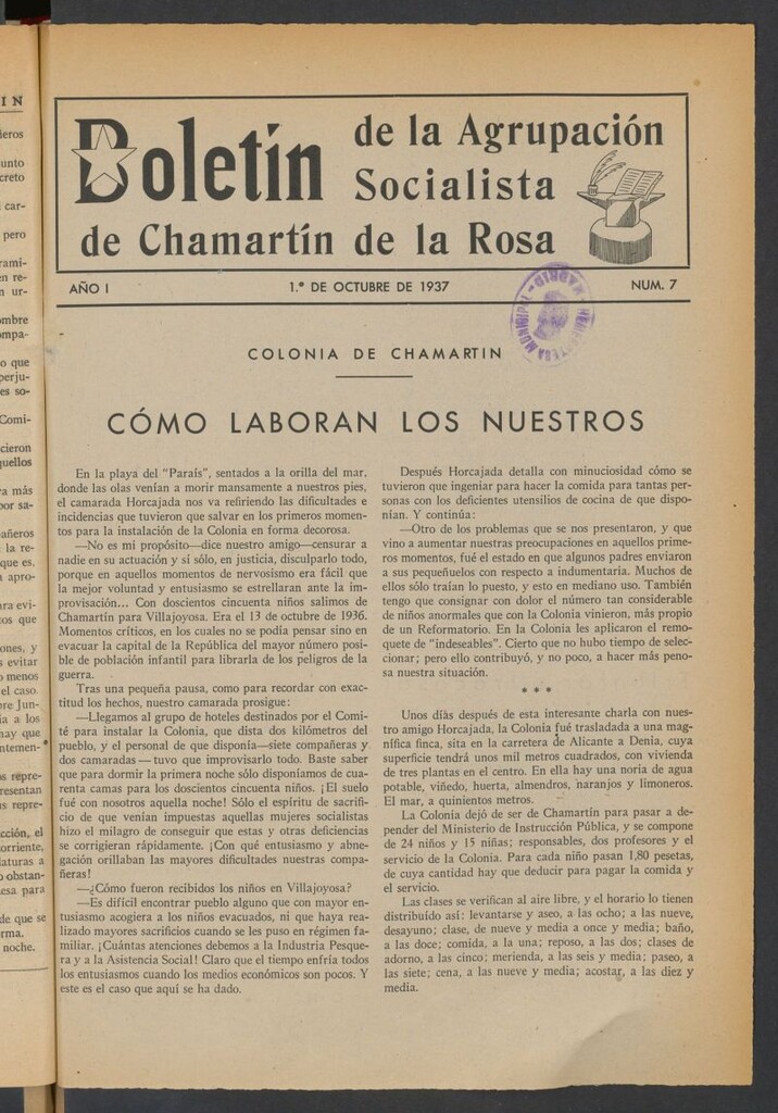 Miniatura de Boletín de la Agrupación Socialista de Chamartín de la Rosa del 1 de octubre de 1937