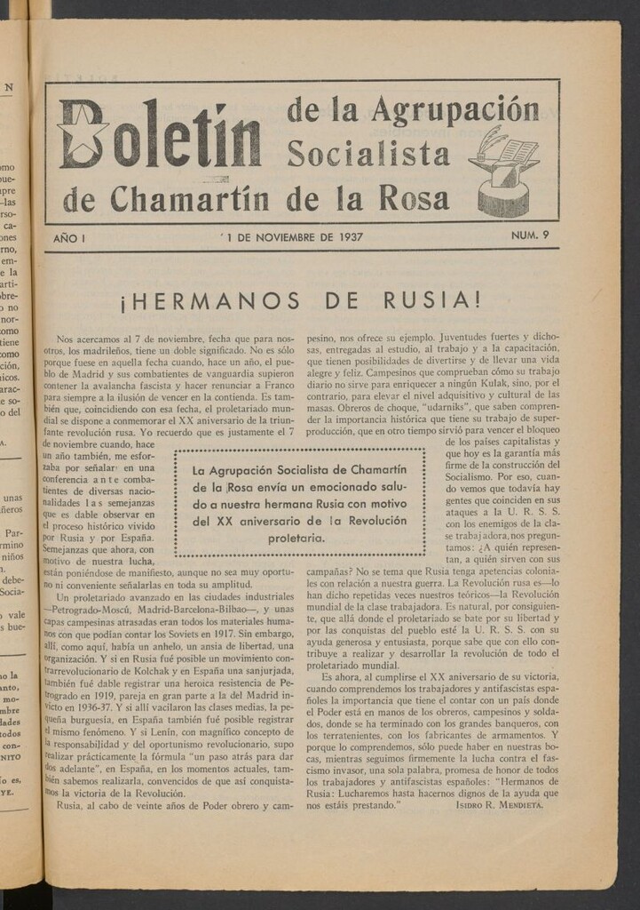 Miniatura de Boletín de la Agrupación Socialista de Chamartín de la Rosa del 1 de noviembre de 1937