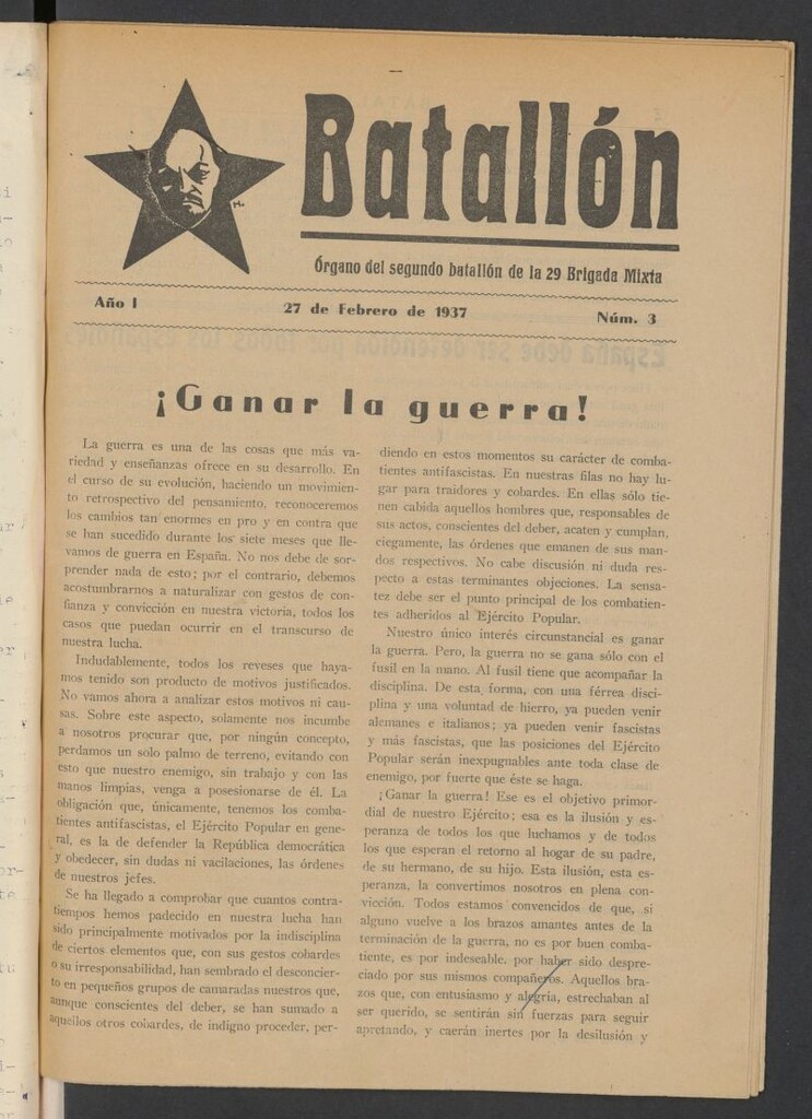 Miniatura de Batallón : Organo del 2º Batallón de la 29 Brigada Mixta del 27 de febrero de 1937