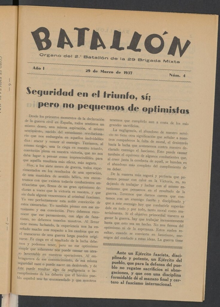 Miniatura de Batallón : Organo del 2º Batallón de la 29 Brigada Mixta del 29 de marzo de 1937