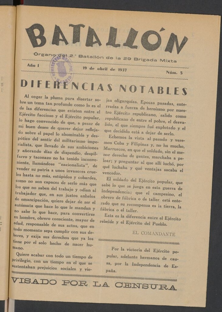 Miniatura de Batallón : Organo del 2º Batallón de la 29 Brigada Mixta del 19 de abril de 1937