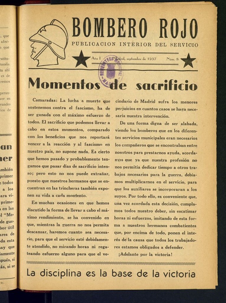 Miniatura de Bombero Rojo : publicación interior del servicio (U.G.T.) de septiembre de 1937