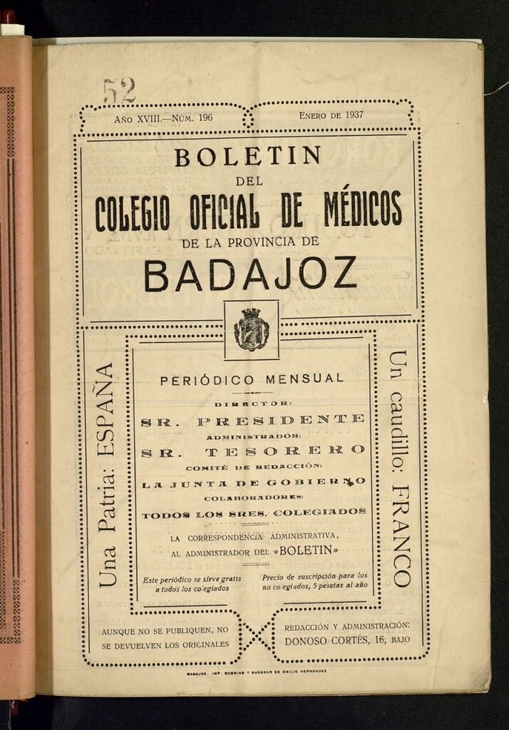 Miniatura de Boletín del colegio Oficial de Médicos de la Provincia de Badajoz de enero de 1937