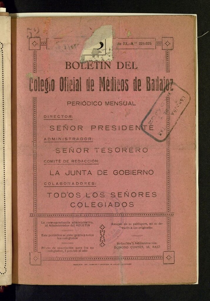 Miniatura de Boletín del colegio Oficial de Médicos de la Provincia de Badajoz  de mayo-junio de 1939