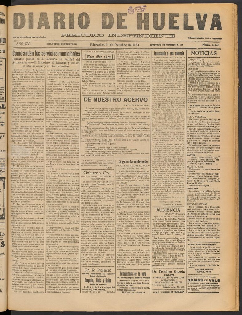 Miniatura de Diario de Huelva : periódico independiente del 31 de octubre de 1923