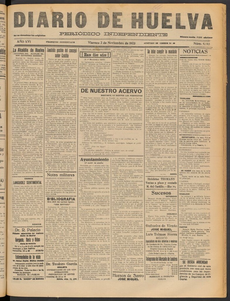 Miniatura de Diario de Huelva : periódico independiente del 2 de noviembre de 1923