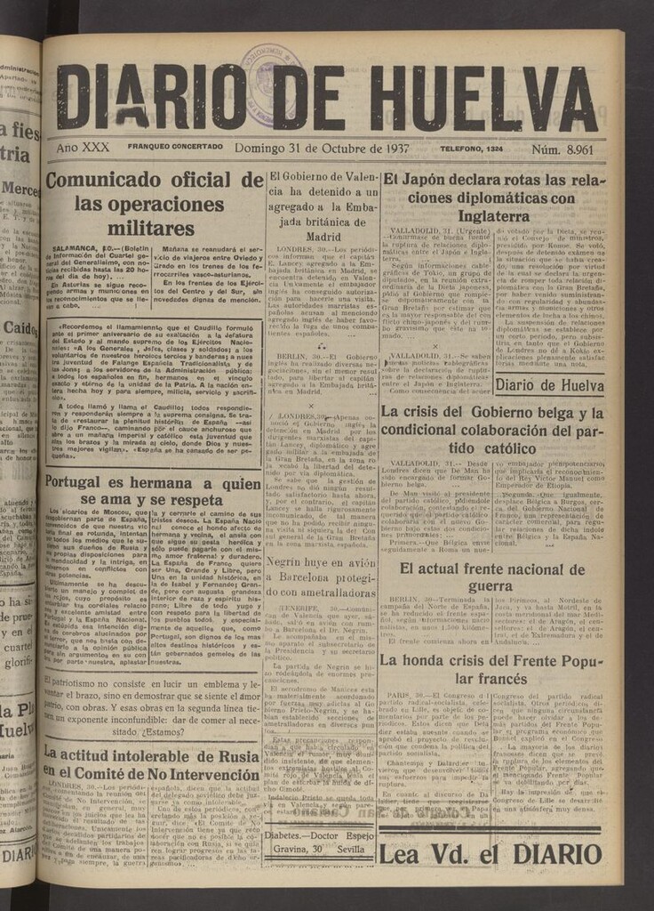 Miniatura de Diario de Huelva : periódico independiente del 31 de octubre de 1937