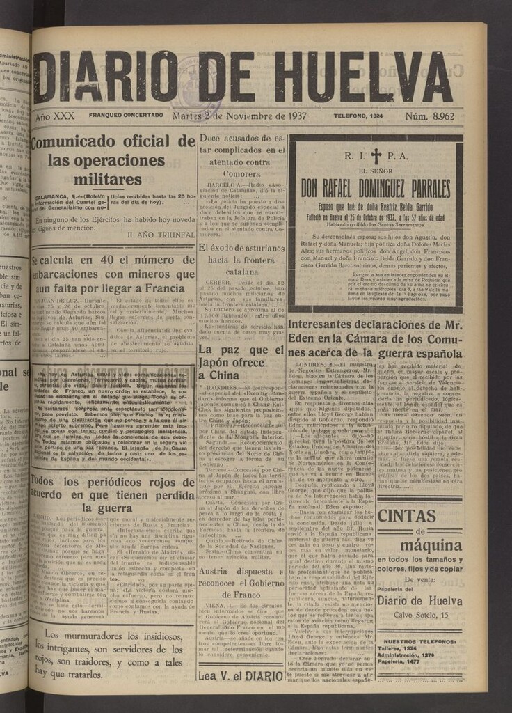 Miniatura de Diario de Huelva : periódico independiente del 2 de noviembre de 1937