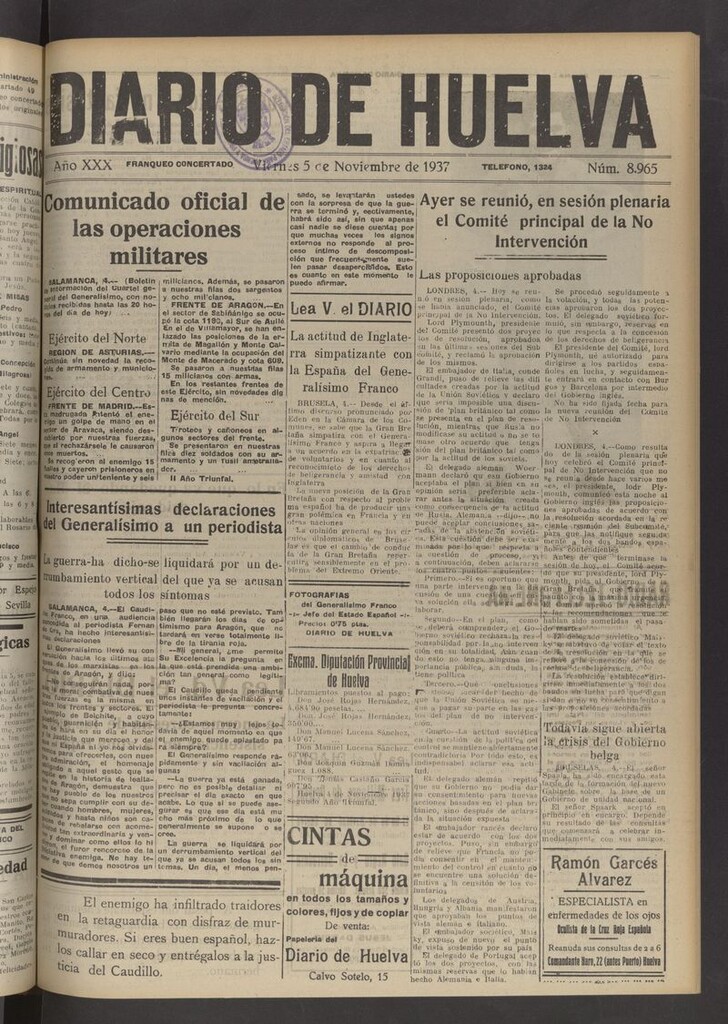 Miniatura de Diario de Huelva : periódico independiente del 5 de noviembre de 1937