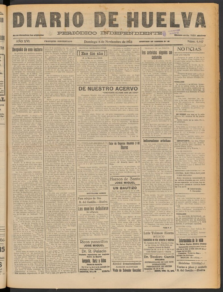 Miniatura de Diario de Huelva : periódico independiente del 4 de noviembre de 1923