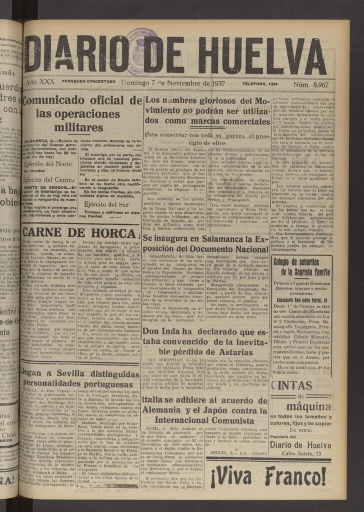 Miniatura de Diario de Huelva : periódico independiente del 7 de noviembre de 1937