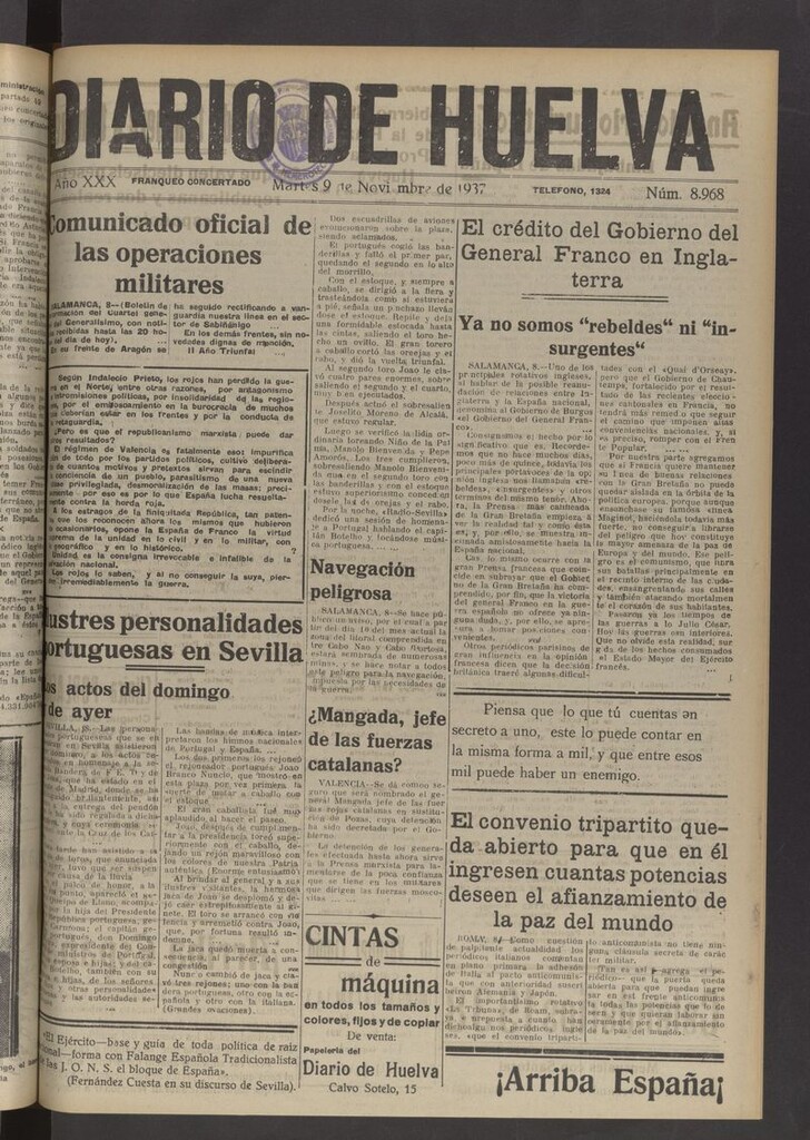 Miniatura de Diario de Huelva : periódico independiente del 9 de noviembre de 1937