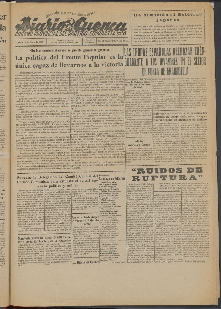 Miniatura de Diario de Cuenca : órgano provincial del Partido Comunista del 5 de enero de 1939