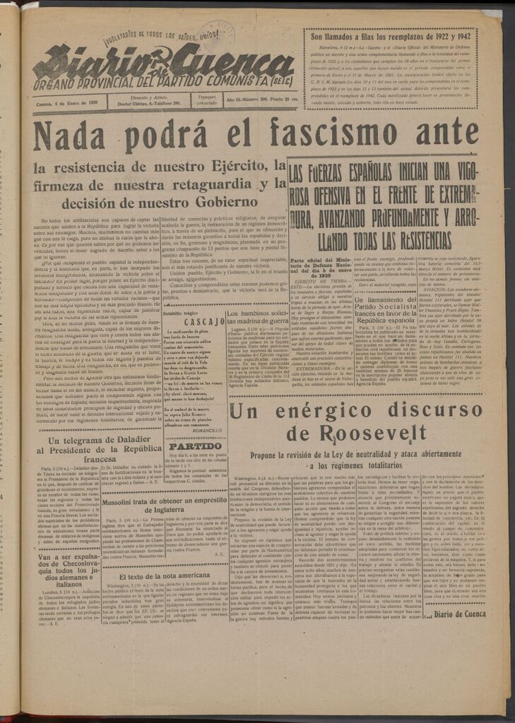Miniatura de Diario de Cuenca : órgano provincial del Partido Comunista del 6 de enero de 1939