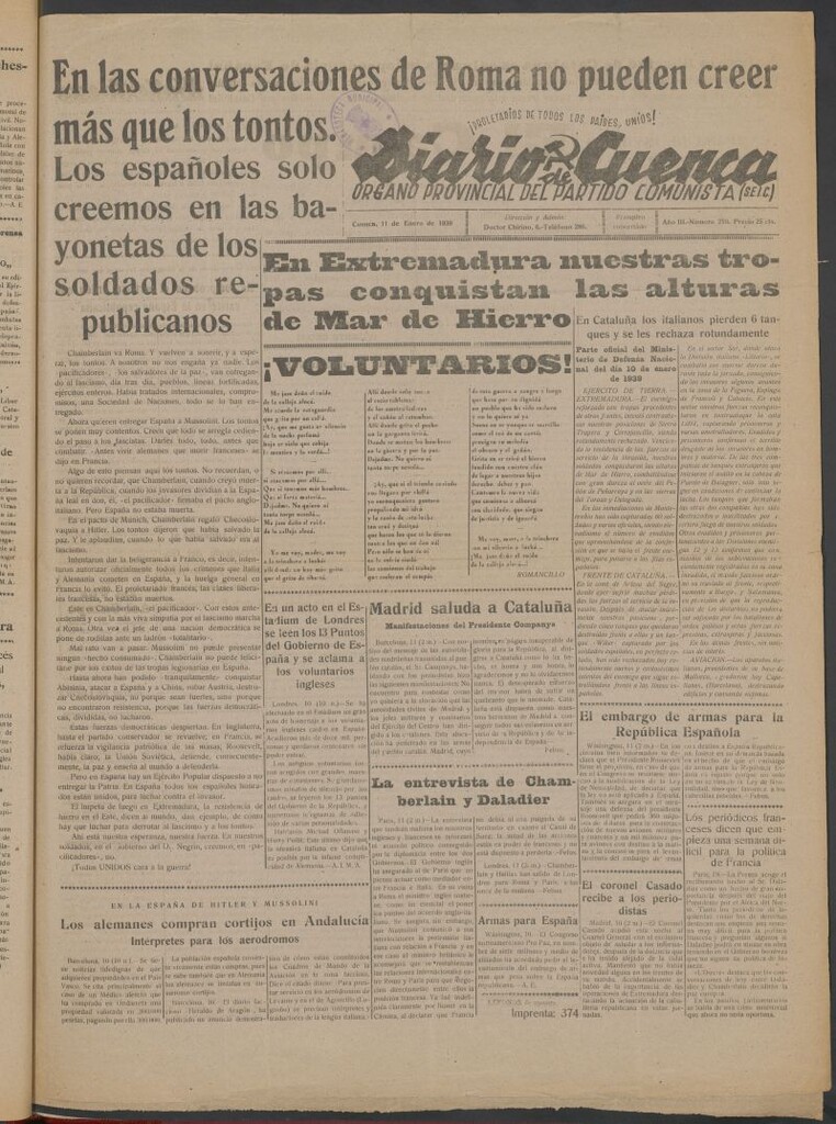 Miniatura de Diario de Cuenca : órgano provincial del Partido Comunista del 11 de enero de 1939