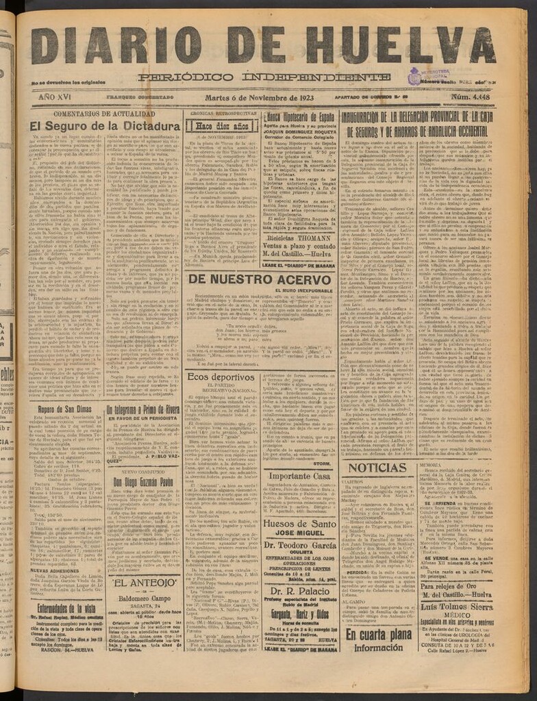 Miniatura de Diario de Huelva : periódico independiente del 6 de noviembre de 1923