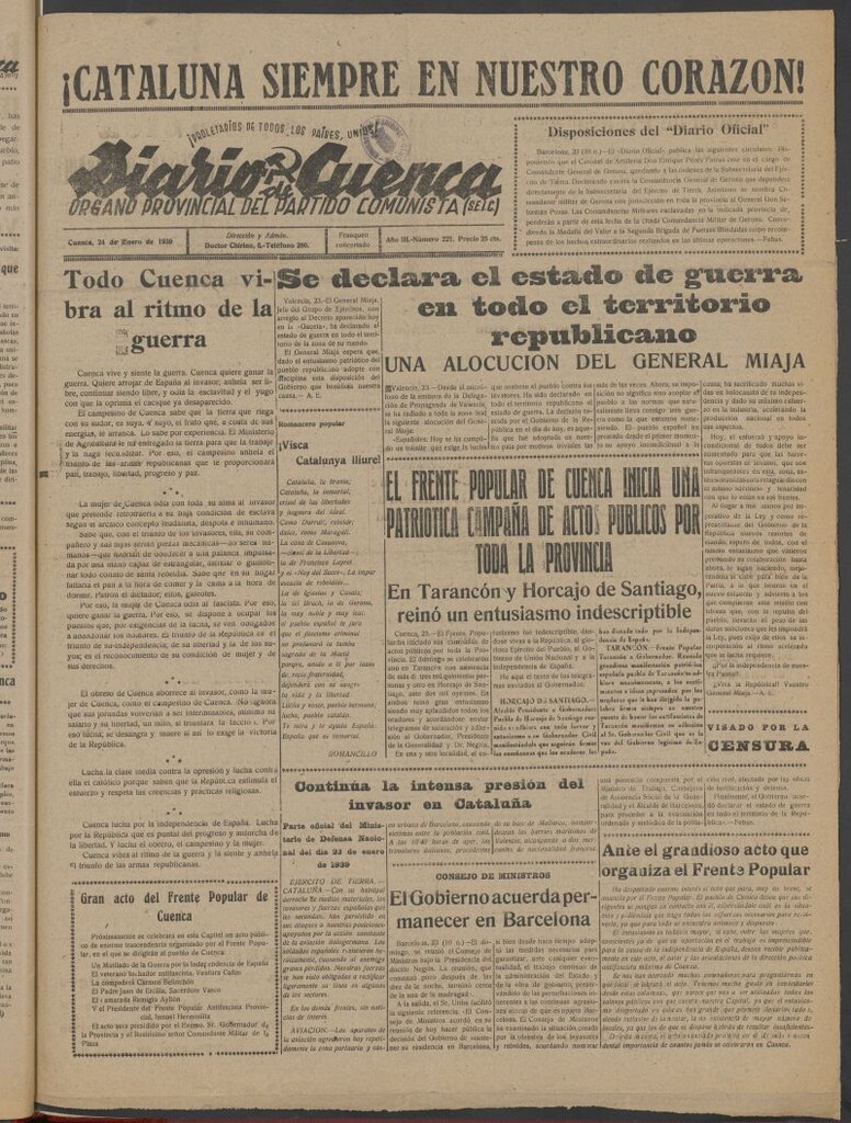 Miniatura de Diario de Cuenca : órgano provincial del Partido Comunista del 24 de enerod e 1939