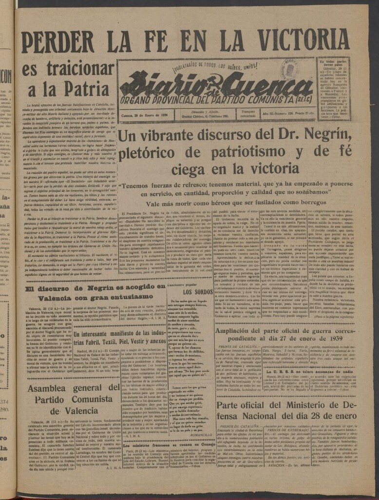 Miniatura de Diario de Cuenca : órgano provincial del Partido Comunista del 29 de enero de 1939