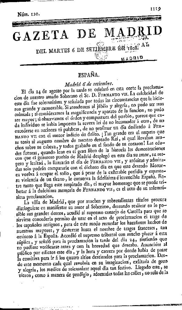Miniatura de Gazeta de Madrid del martes 6 de septiembre de 1808. Suplemento