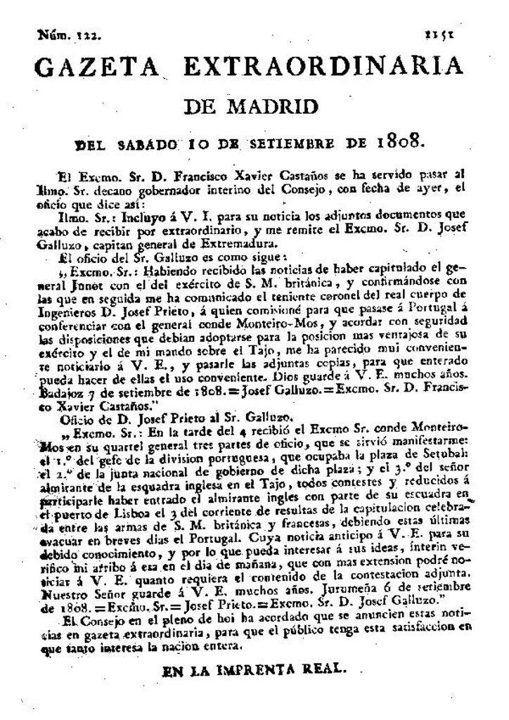 Miniatura de Gazeta de Madrid del sábado 10 de septiembre de 1808