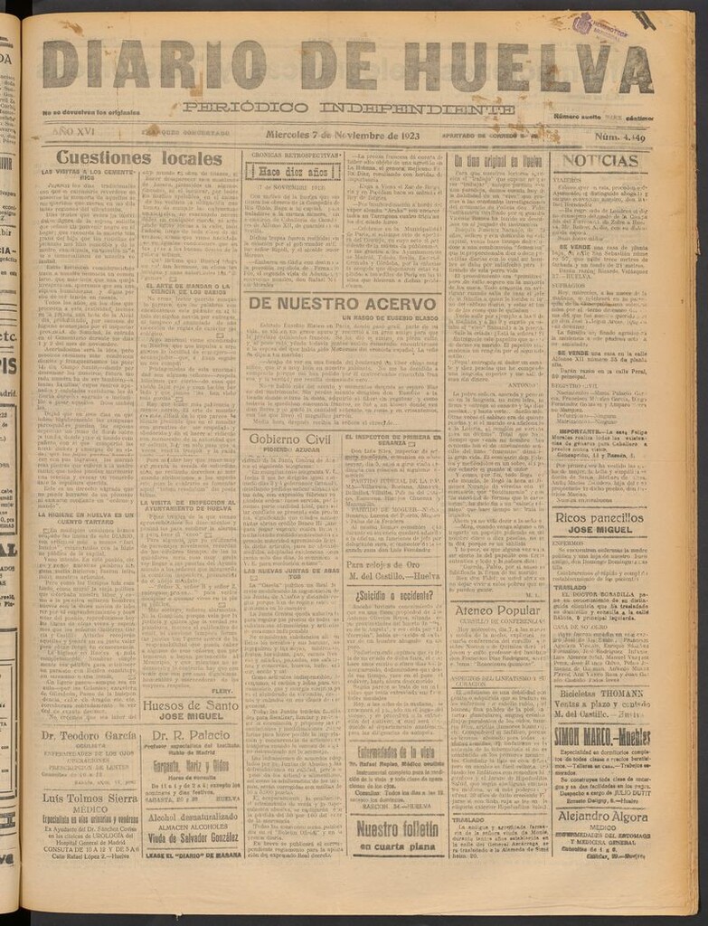 Miniatura de Diario de Huelva : periódico independiente del 7 de noviembre de 1923