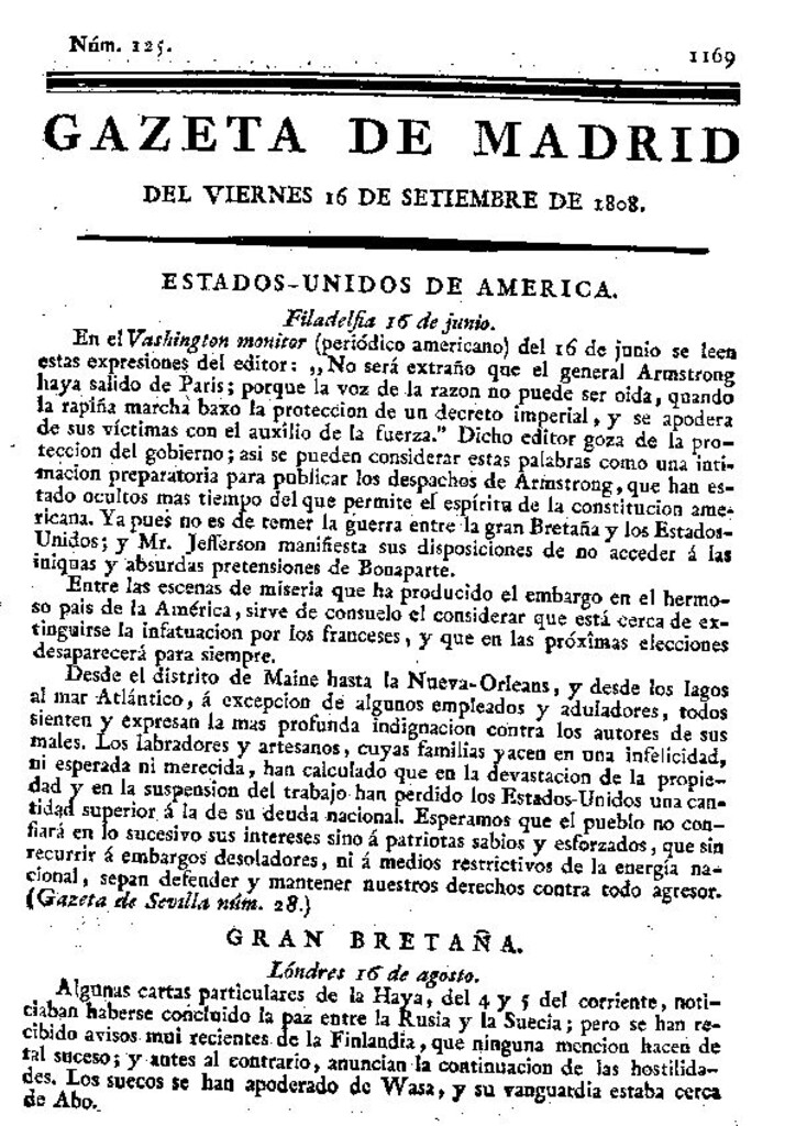 Miniatura de Gazeta de Madrid del viernes 16 de septiembre de 1808