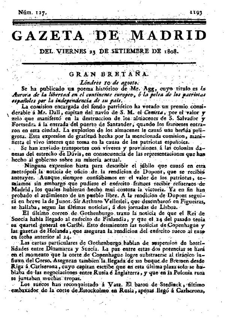 Miniatura de Gazeta de Madrid del viernes 23 de septiembre de 1808