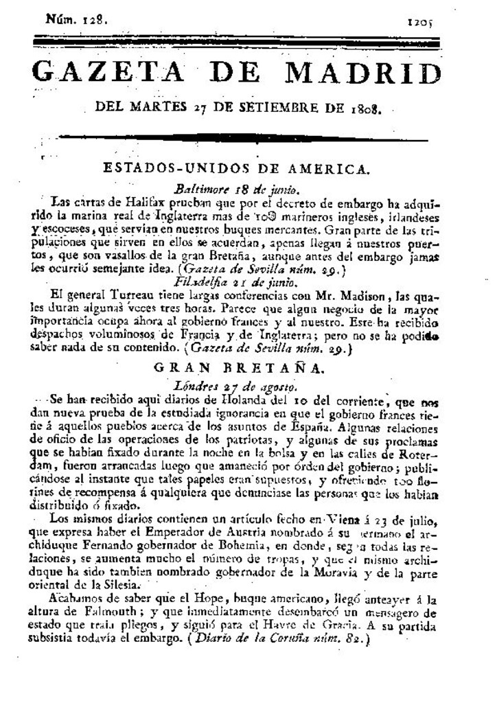 Miniatura de Gazeta de Madrid del martes 27 de septiembre de 1808