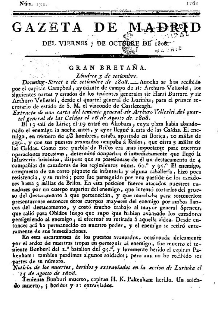 Miniatura de Gazeta de Madrid del viernes 7 de octubre de 1808