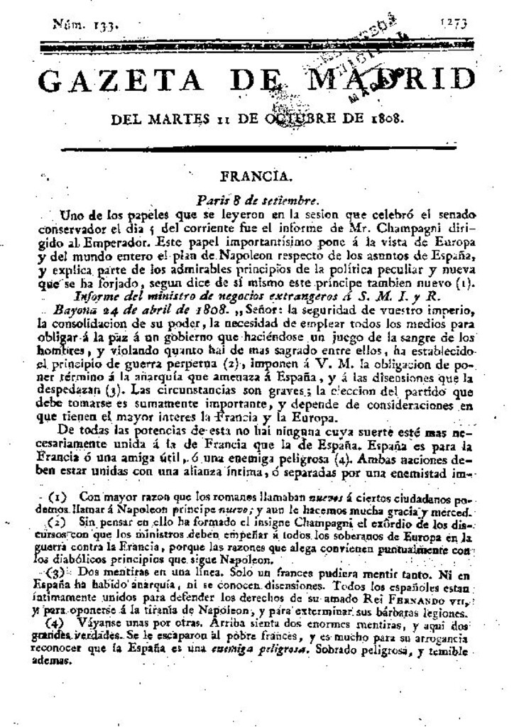 Miniatura de Gazeta de Madrid del martes 11 de octubre de 1808