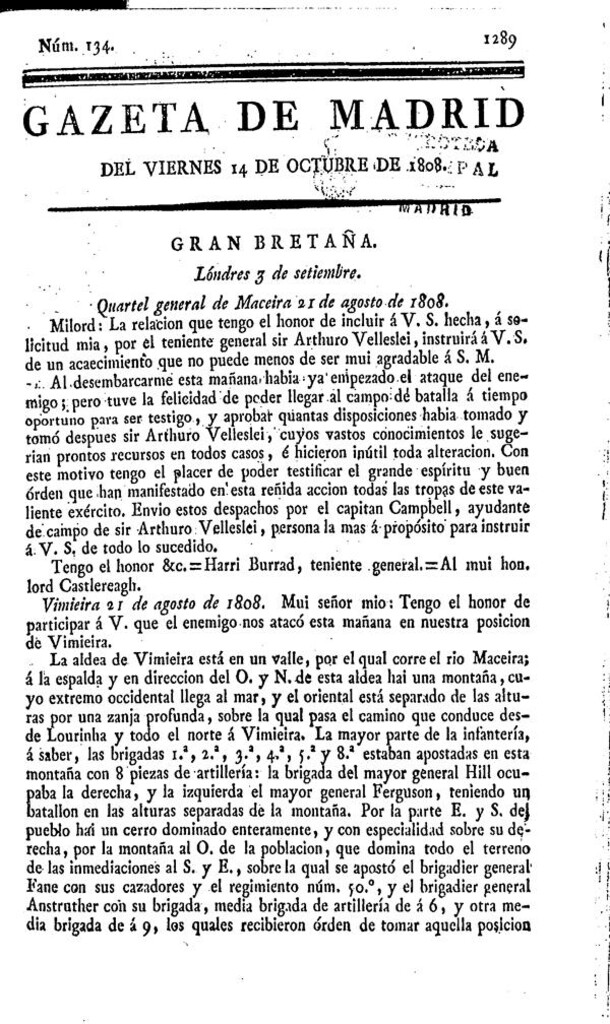 Miniatura de Gazeta de Madrid del viernes 14 de octubre de 1808