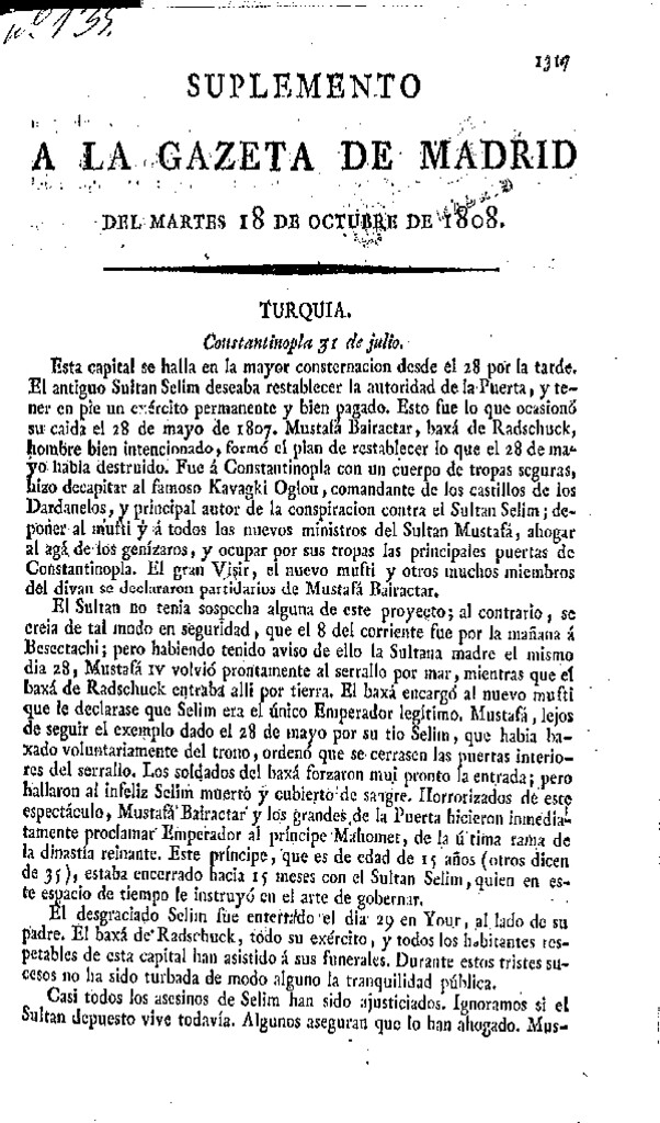 Miniatura de Gazeta de Madrid del martes 18 de octubre de 1808. Suplemento