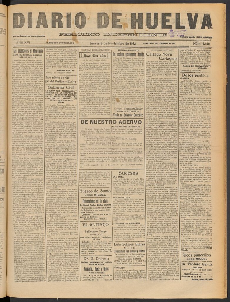 Miniatura de Diario de Huelva : periódico independiente del 8 de noviembre de 1923