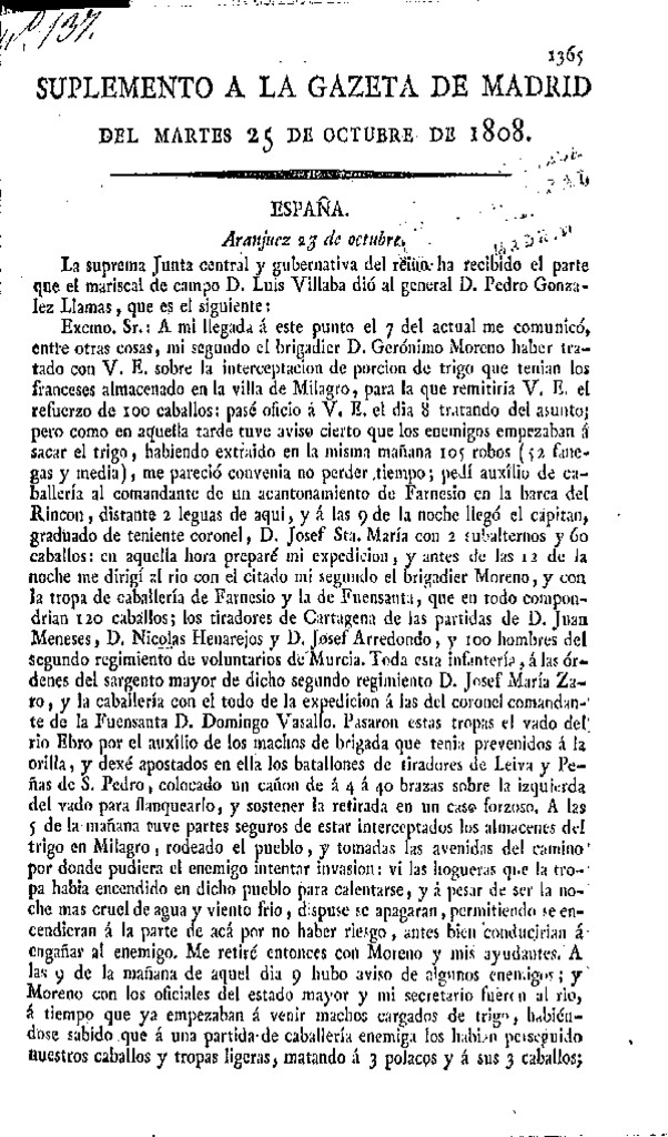 Miniatura de Gazeta de Madrid del martes 25 de octubre de 1808. Suplemento