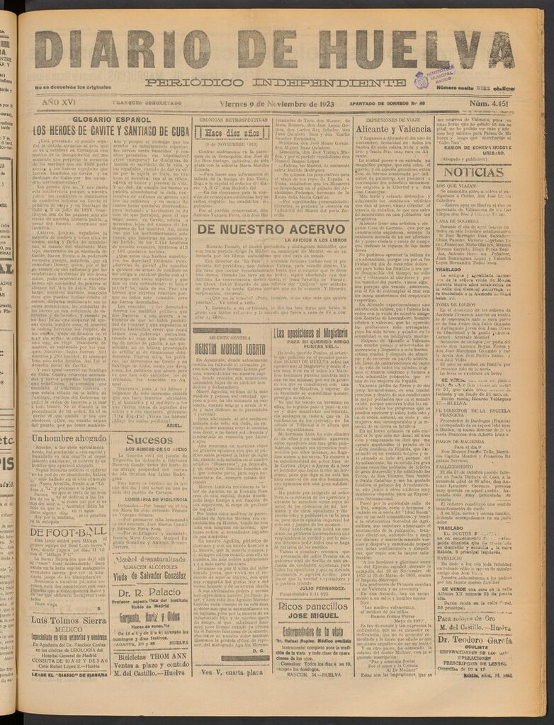 Miniatura de Diario de Huelva : periódico independiente del 9 de noviembre de 1923