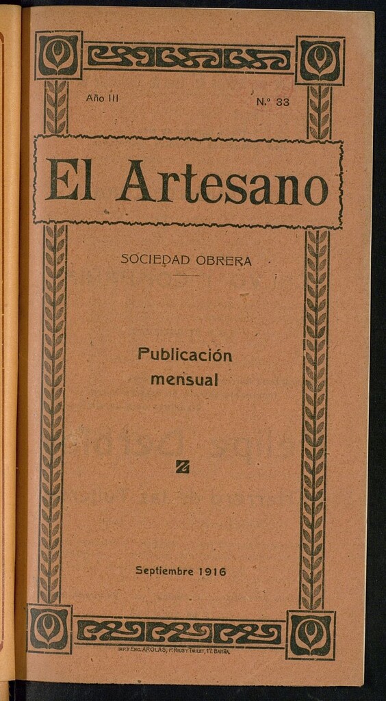 Miniatura de El Artesano. Nº 33. Septiembre de 1916