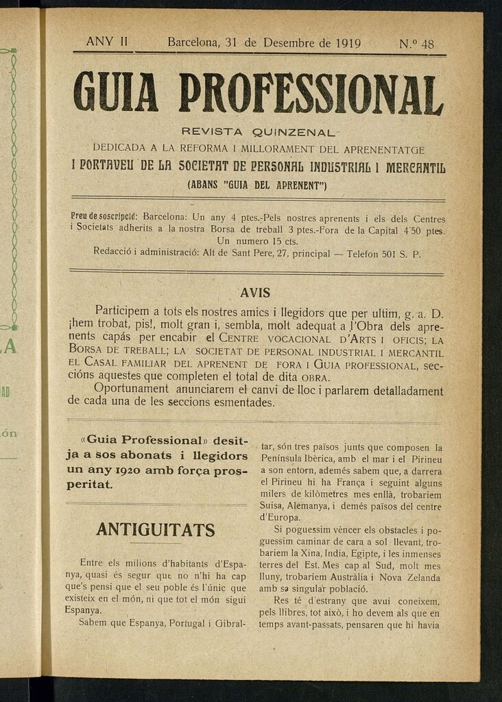 Miniatura de Guia Professional: revista quinzenal dedicada a la reforma i millorament del aprenentatge i portaveu de la societat de personal industrial i mercantil. Nº 48. 31 de desembre de 1919