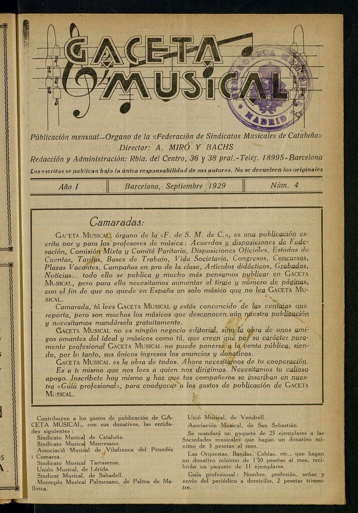 Miniatura de Gaceta Musical: revista profesional. Septiembre de 1929