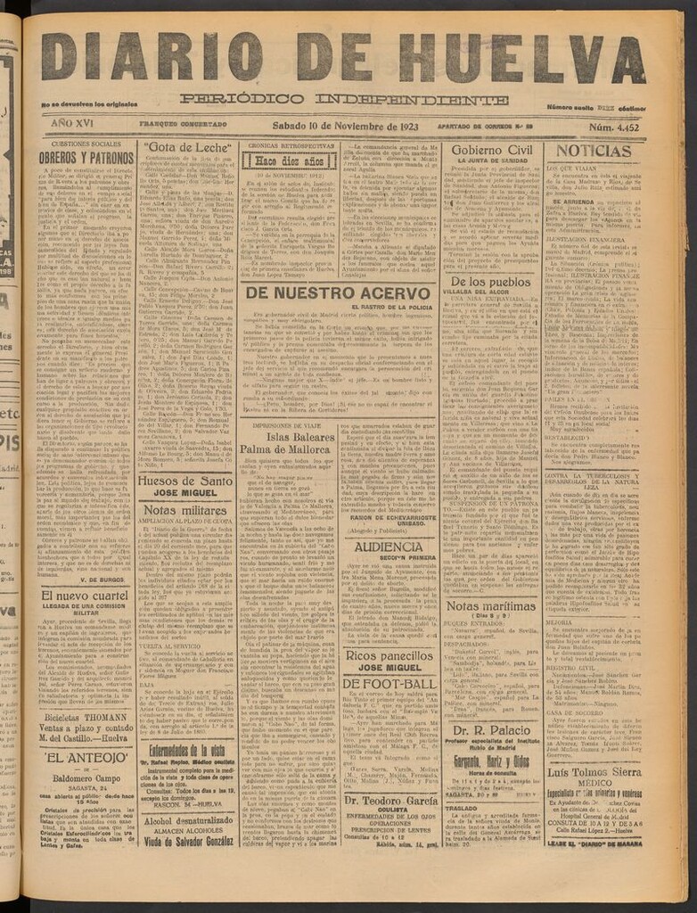 Miniatura de Diario de Huelva : periódico independiente del 10 de noviembre de 1923