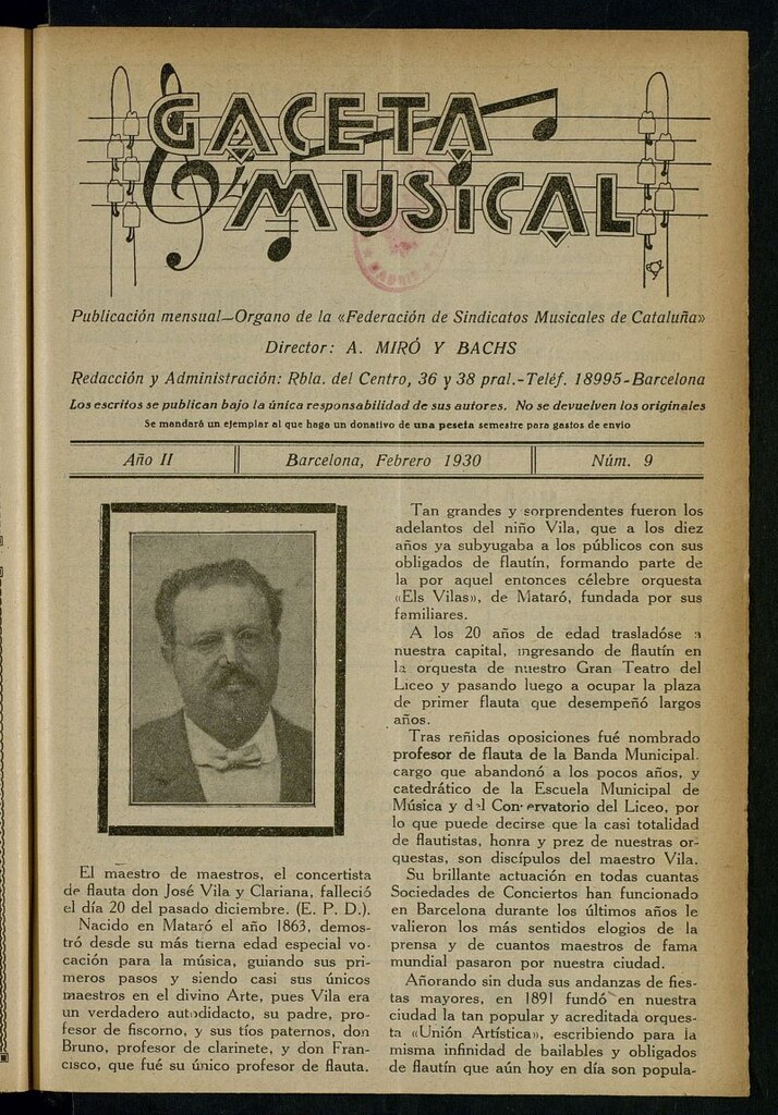 Miniatura de Gaceta Musical: revista profesional. Febrero de 1930