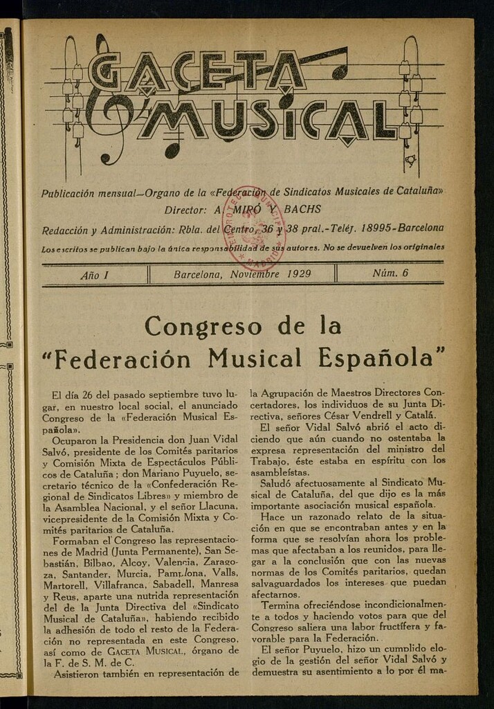 Miniatura de Gaceta Musical: revista profesional. Noviembre de 1929