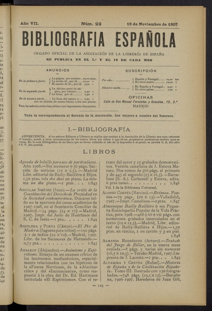 Miniatura de Bibliografía Española del 16 de noviembre de 1907