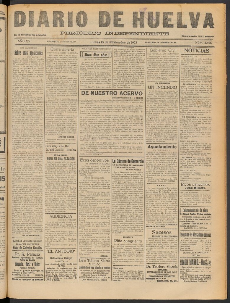 Miniatura de Diario de Huelva : periódico independiente del 15 de noviembre de 1923