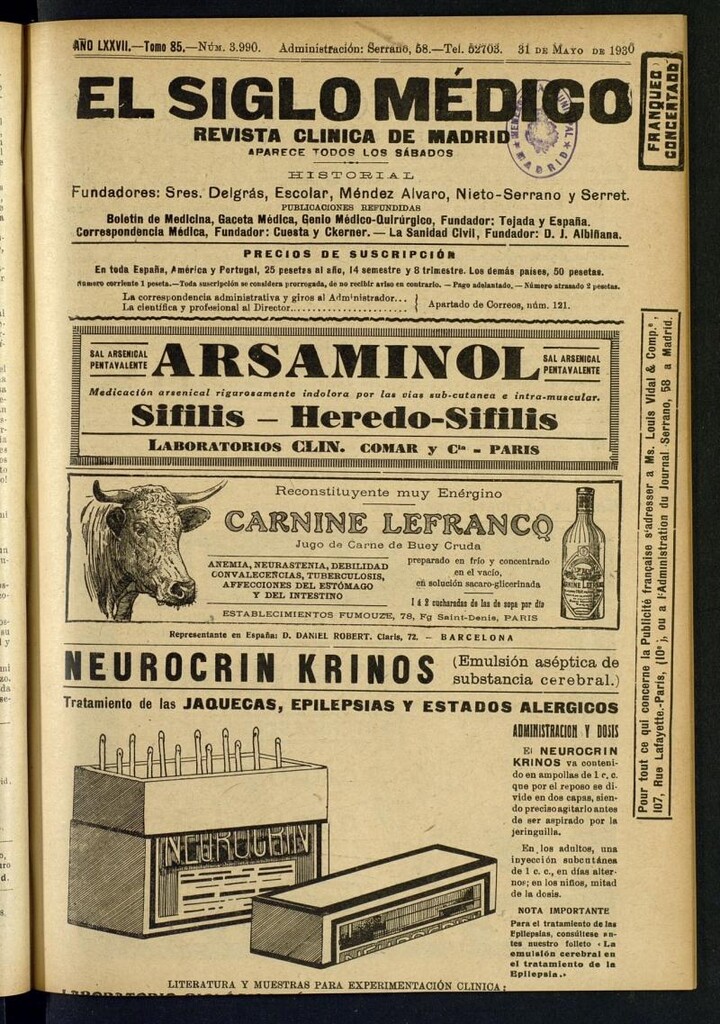Miniatura de El Siglo Médico  : boletín de medicina y gaceta médica del 31 de mayo de 1930