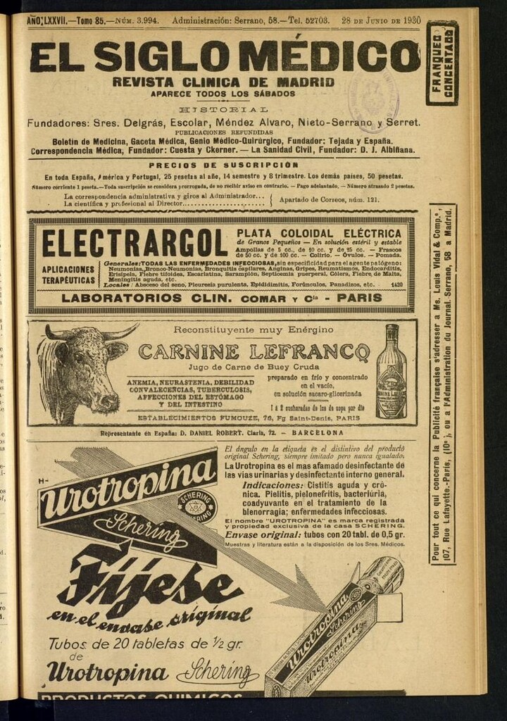 Miniatura de El Siglo Médico  : boletín de medicina y gaceta médica del 28 de junio de 1930