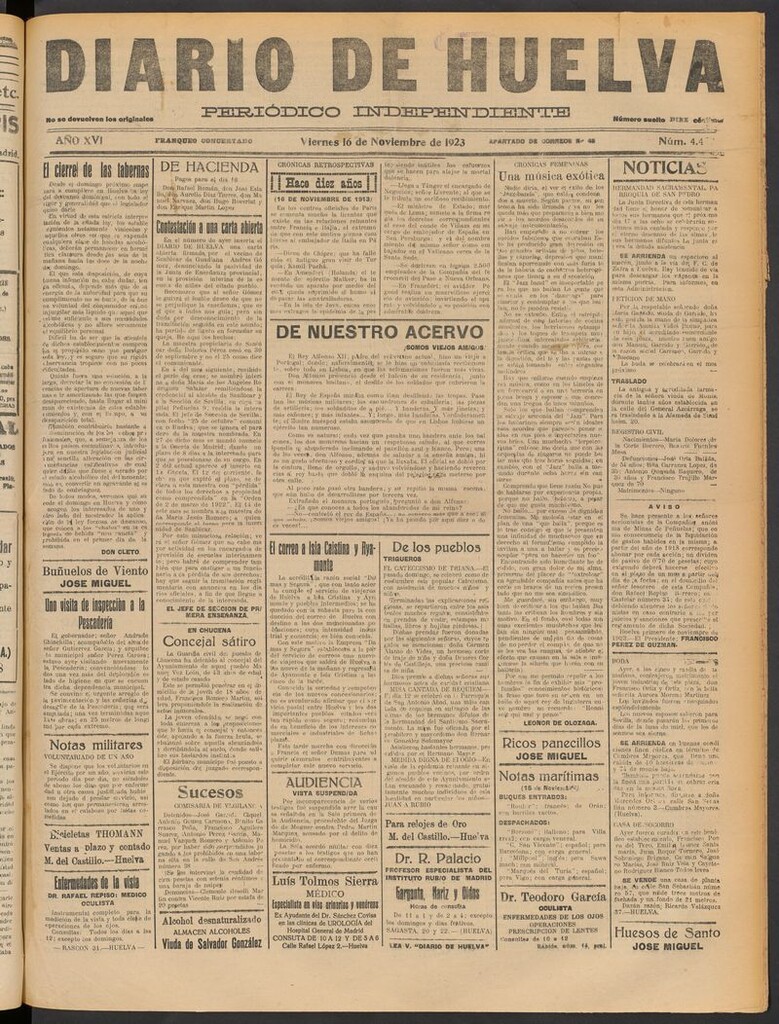 Miniatura de Diario de Huelva : periódico independiente del 16 de noviembre de 1923