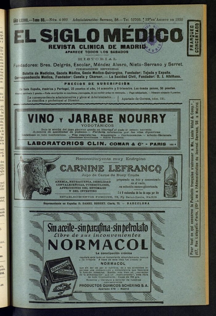 Miniatura de El Siglo Médico : boletín de medicina y gaceta médica del 23 de agosto de 1930