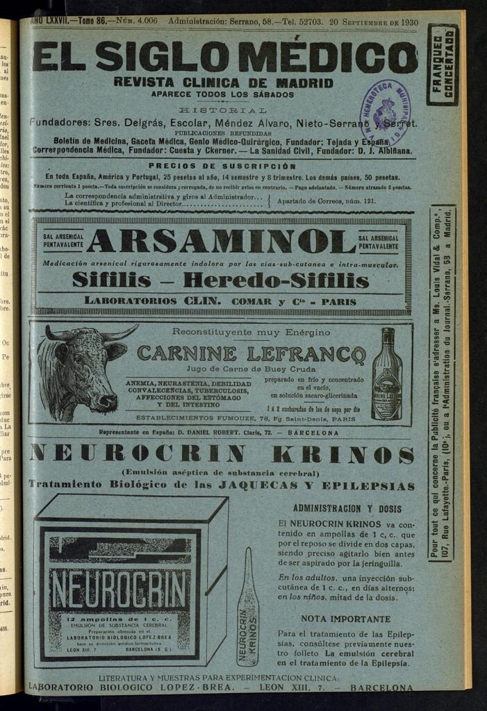 Miniatura de El Siglo Médico : boletín de medicina y gaceta médica del 20 de septiembre de 1930