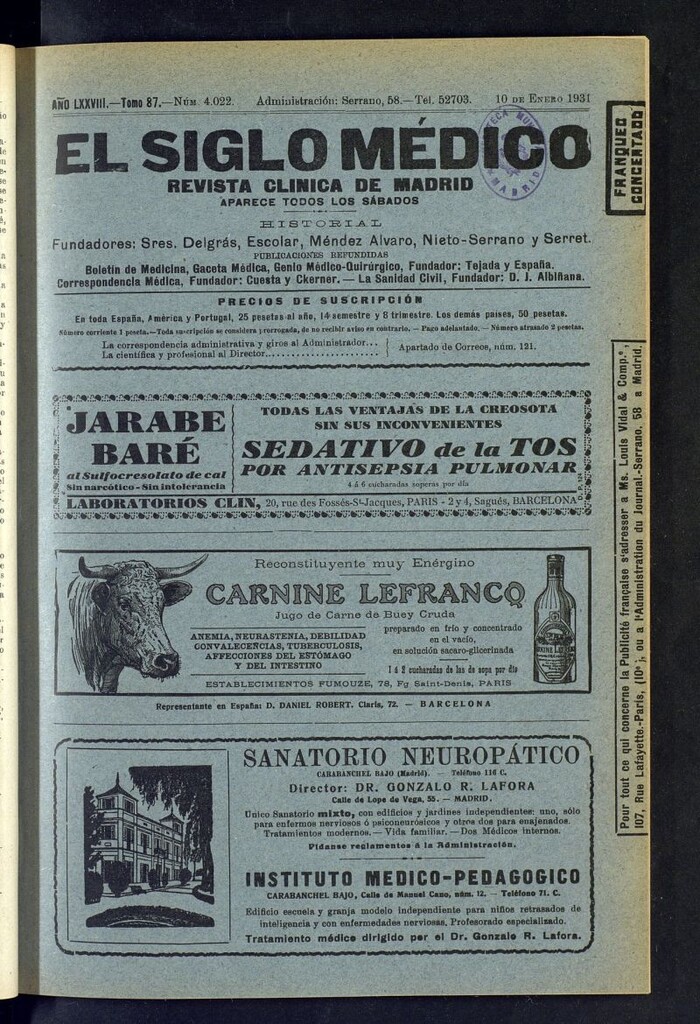 Miniatura de El Siglo Médico : boletín de medicina y gaceta médica del 10 de enero de 1931